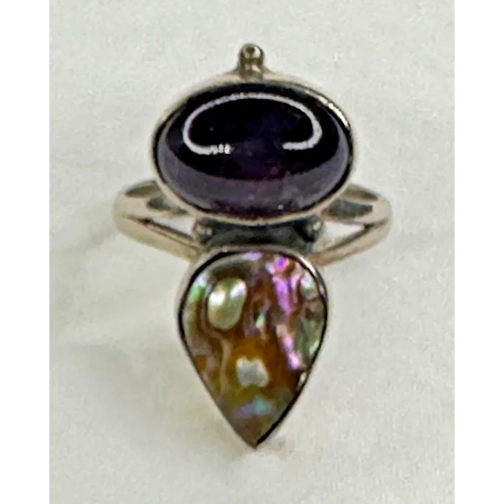 Nightbreed Creations Ring Amethyst Abalone Shell Sterling Silver 925‎ Sz 7 MOD